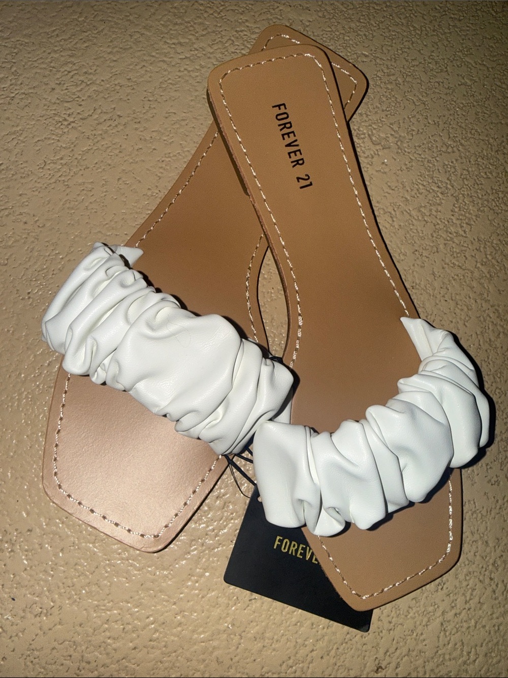Forever 21 White Ruched Strap Slide Sandals